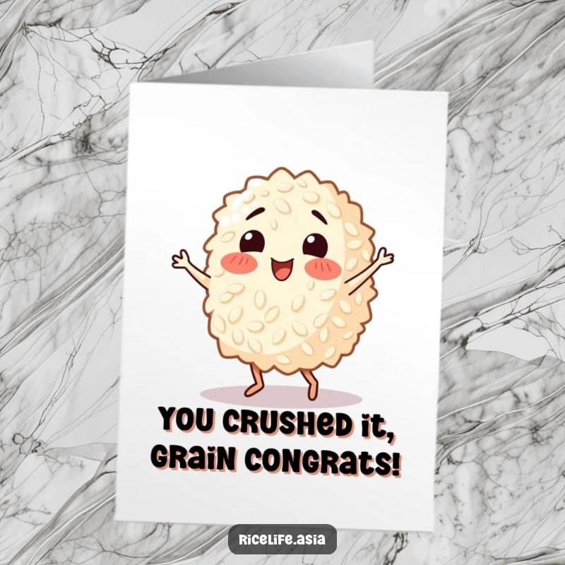 Funny Free Printable Congrats Card: Happy grain of rice doing a lively salsa dance, celebrating achievement.