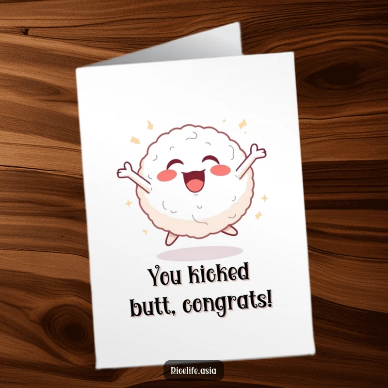 Funny Free Printable Congrats Card: Cheerful rice ball captured mid-leap with pure joy, celebrating success.