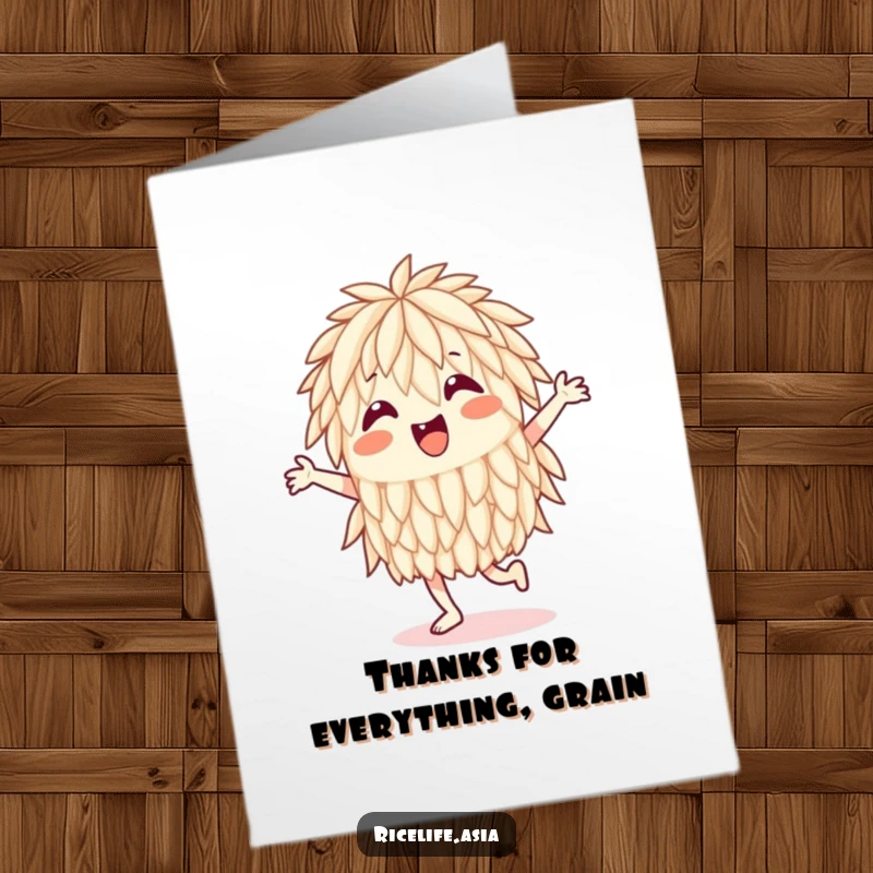 Funny Free Printable Thank You Card: A delighted rice grain doing a happy dance, expressing thanks with quirky charm, instant print.