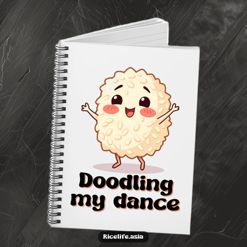 Funny notebook cover with a happy grain of rice in a dynamic salsa dance pose, perfect for jotting down notes with energetic, comedic flair.