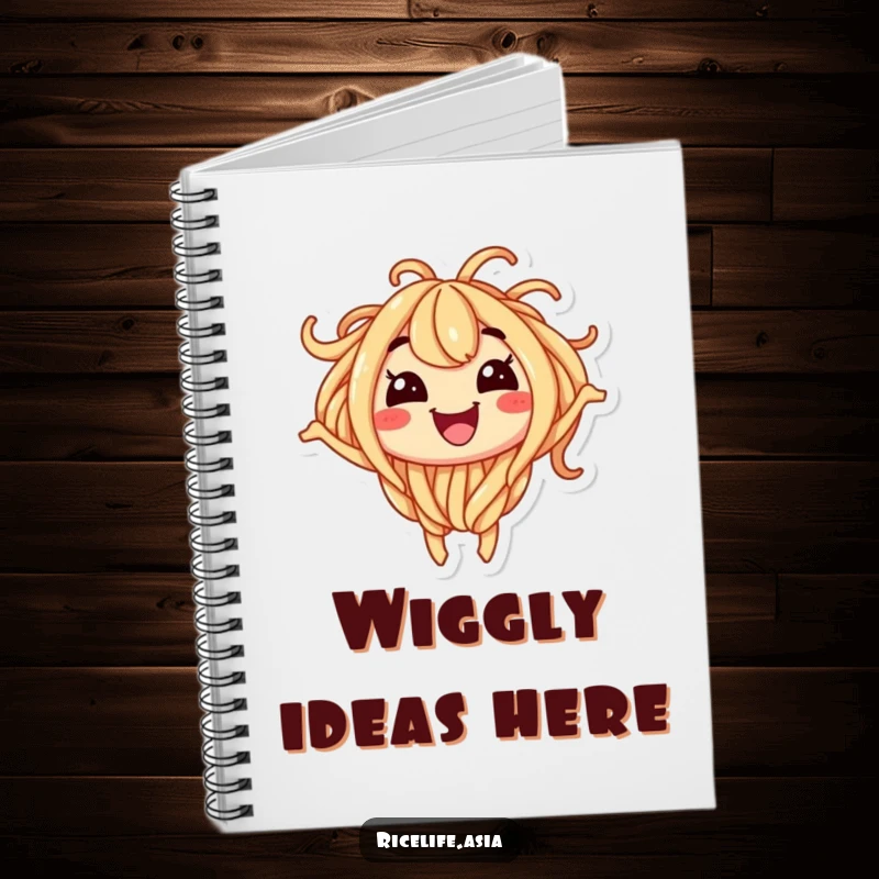 Funny notebook cover featuring a smiling noodle character wiggling with excitement, ready to capture your notes.