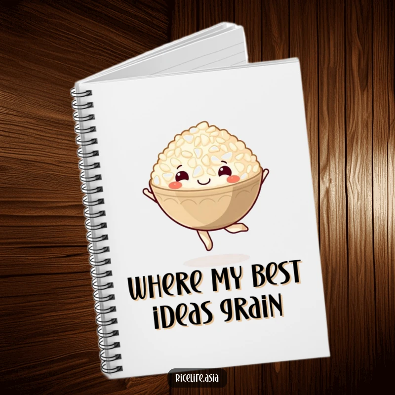 Funny notebook with a delightful cartoon bowl of rice in a happy pirouette, perfect for notes and sketches.