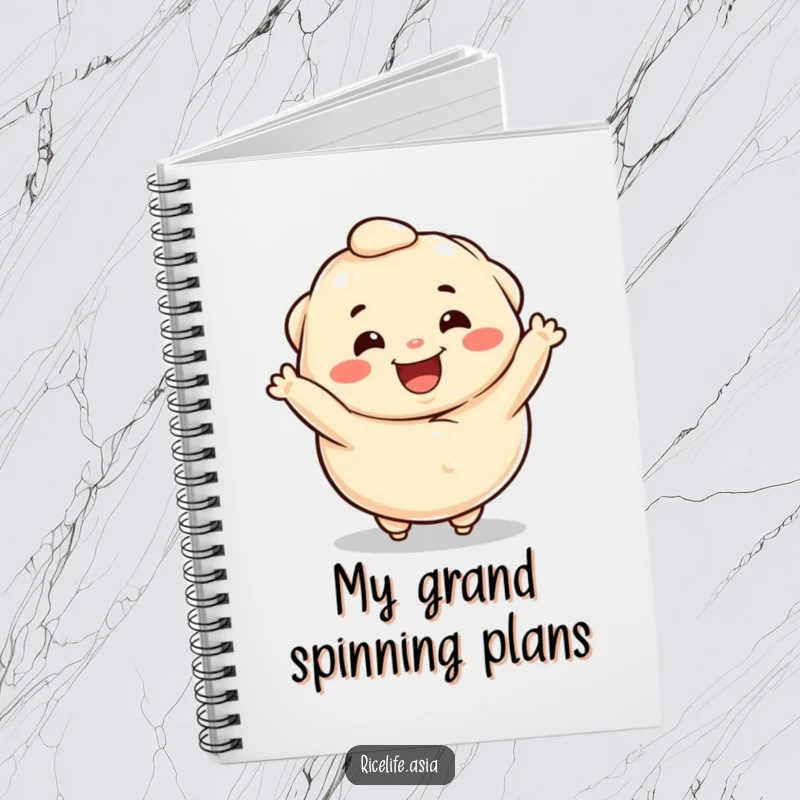 Funny notebook cover featuring a happy dumpling character enthusiastically spinning, ready to capture your notes.