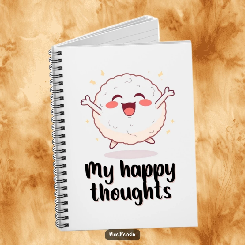 Funny notebook cover with a cheerful rice ball in a dynamic leaping pose, perfect for jotting down notes with energetic, joyful flair.