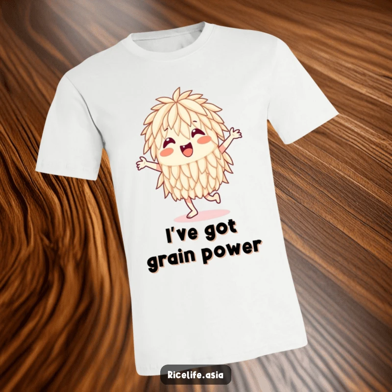 Funny T-Shirt: A joyful rice grain in mid-dance, its tiny legs kicking in a hilarious jig, capturing pure unadulterated happiness.