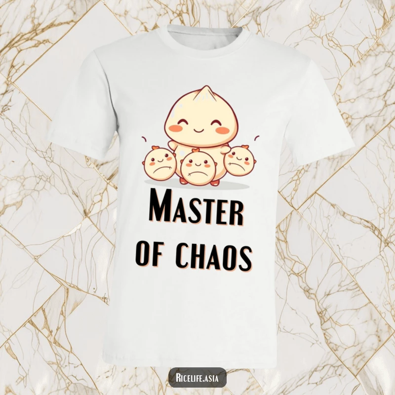 Funny t-shirt featuring a smiling dumpling masterfully juggling three smaller dumplings, displaying impressive skill and lighthearted food-themed comedy.