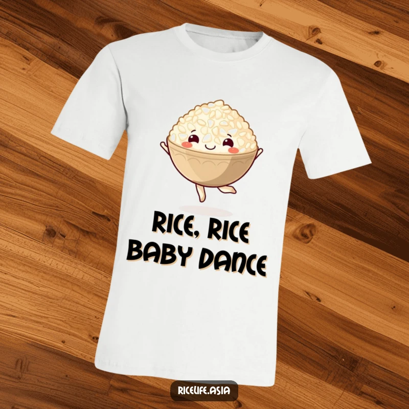 Funny t-shirt featuring a delightful cartoon bowl of rice spinning in a happy pirouette, showcasing culinary dance.