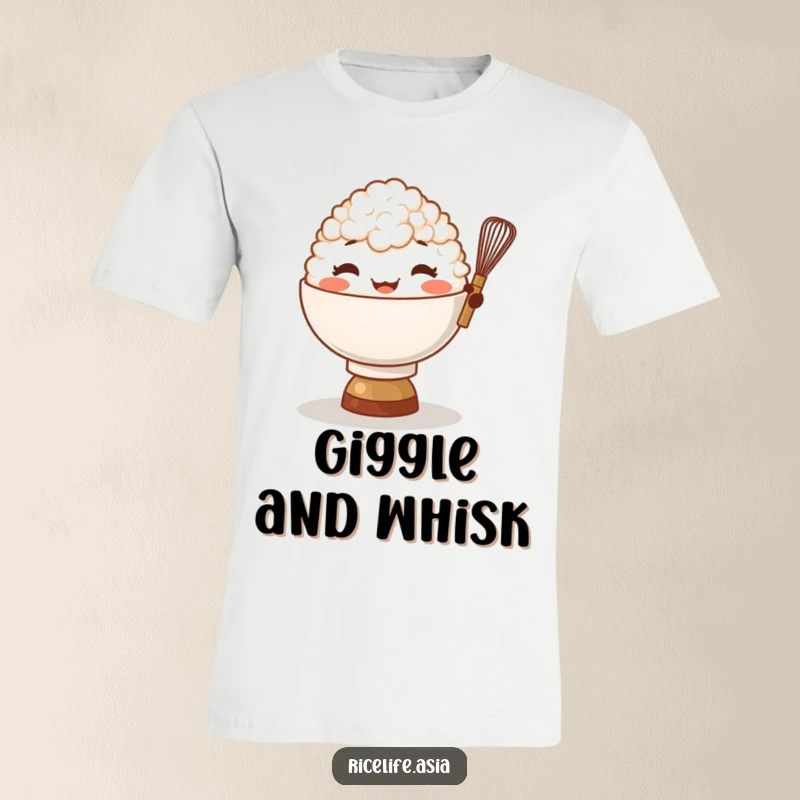 Funny Rice Bowl Whisk T-Shirt: A giggling bowl of rice character balances a tiny whisk, perfect for a funny, culinary adventure.