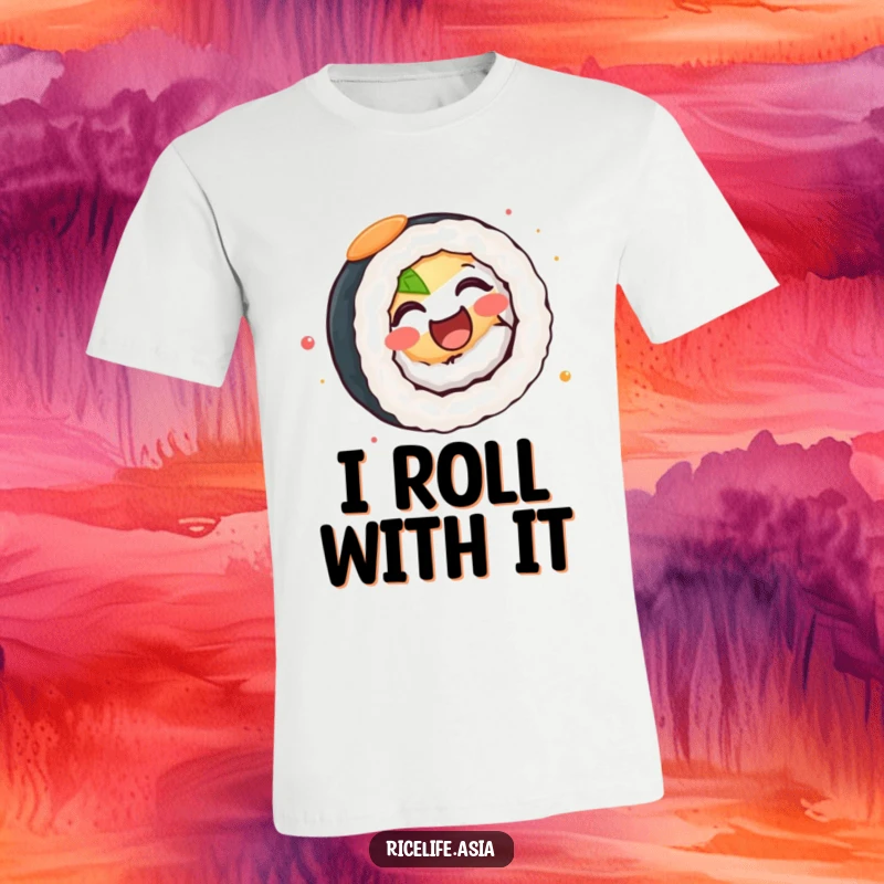 Funny T-Shirt: A delighted sushi roll caught mid-spin, radiating pure joy and playful energy.