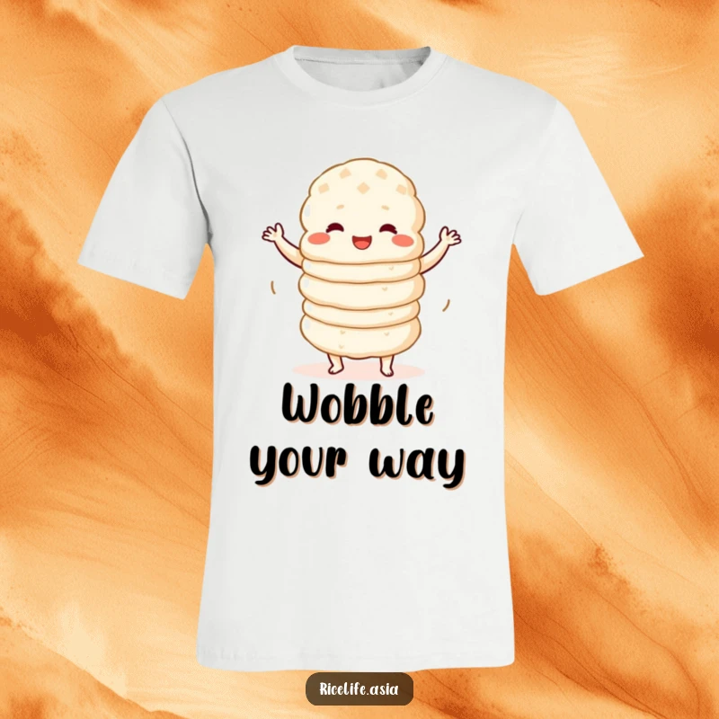 Funny T-Shirt: A cheerful stack of rice cakes captured mid-wobble dance, radiating playful energy and pure joy.