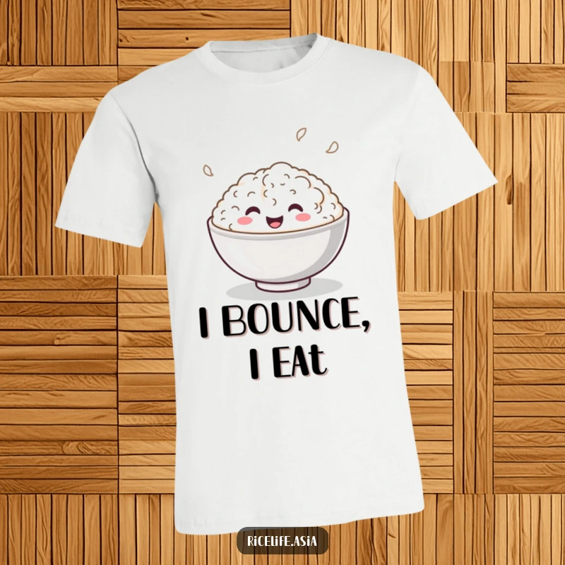 Funny T-Shirt: A happy bowl of rice captured mid-bounce, radiating pure playful energy and a contagious smile.
