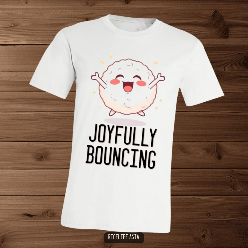 Funny t-shirt featuring a cheerful rice ball in a dynamic leaping pose, radiating pure joy and infectious energy with a smile.
