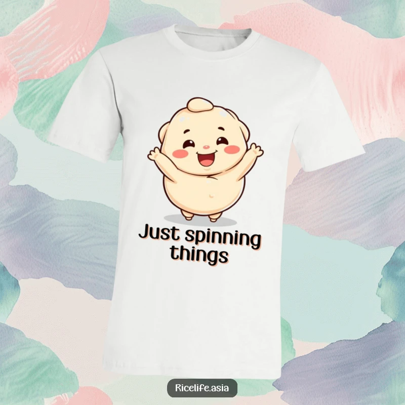 Funny t-shirt with a happy dumpling character doing a joyful spin, showcasing its delightful energy and love for food.