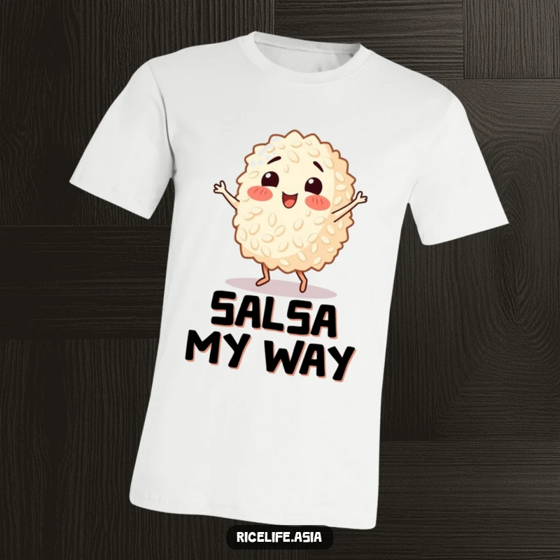 Funny t-shirt showcasing a happy grain of rice in mid-salsa dance, full of rhythm and comedic flair, bringing smiles.