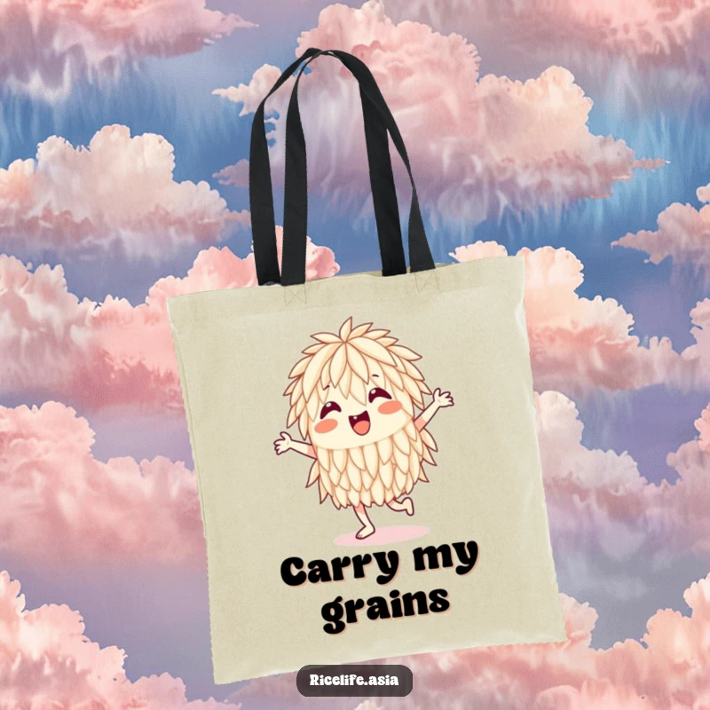 Funny Tote Bag: A cheerful, small rice grain captured mid-jig, bringing its infectious dance energy to your everyday carry.