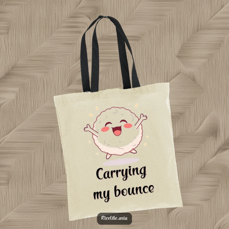 Funny tote bag showcasing a cheerful rice ball in a dynamic leaping pose, perfect for carrying essentials with a dose of pure, joyful energy.