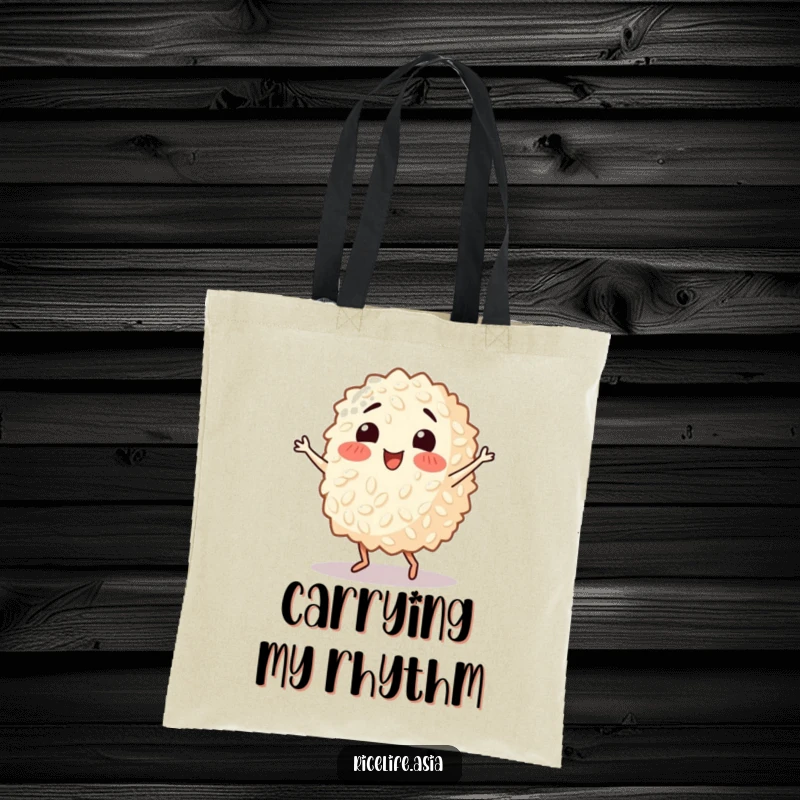 Funny tote bag showcasing a happy grain of rice energetically dancing the salsa, perfect for carrying items with a dose of playful rhythm.