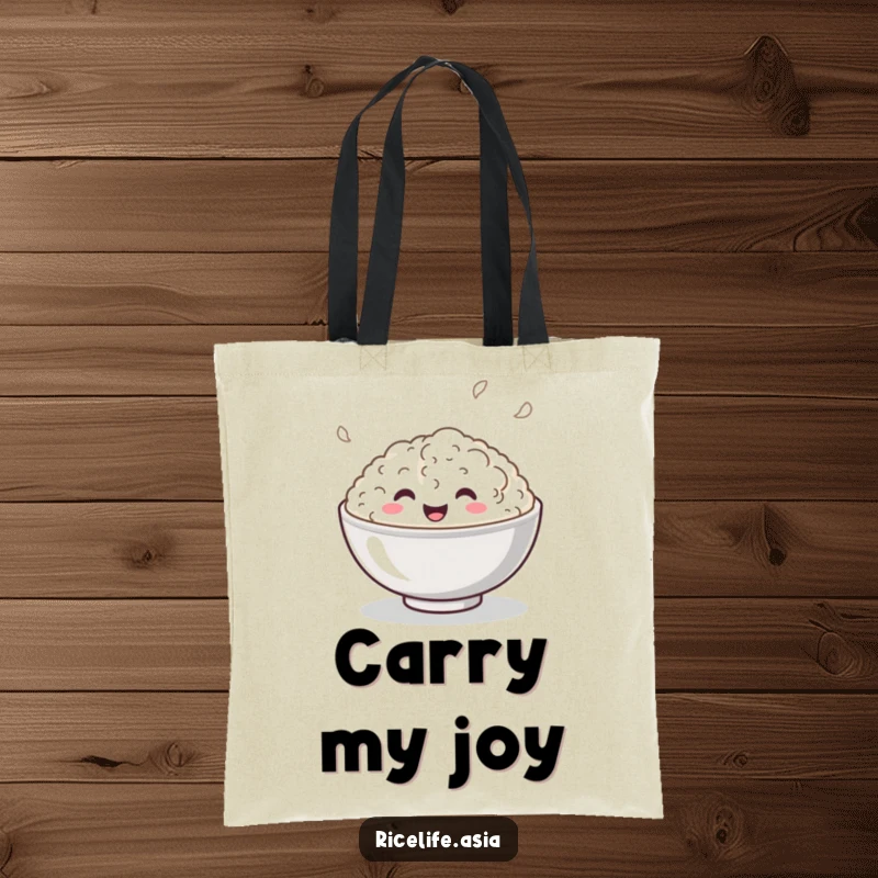 Funny Tote Bag: A delightful tote featuring a smiling bowl of rice energetically bouncing with pure, unadulterated glee.