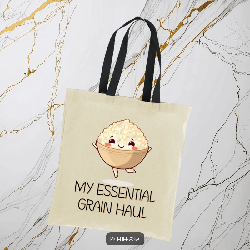 Funny tote bag adorned with a delightful cartoon bowl of rice performing a happy pirouette, perfect for shopping.