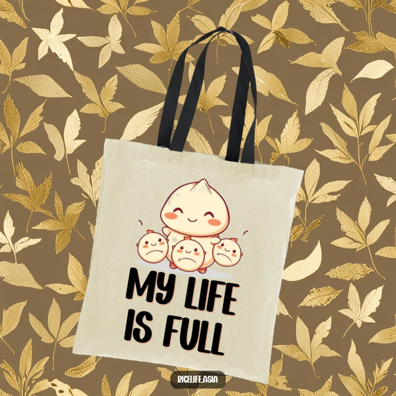 Funny tote bag showcasing a smiling dumpling expertly juggling three smaller dumplings, perfect for carrying essentials with culinary charm and humor.