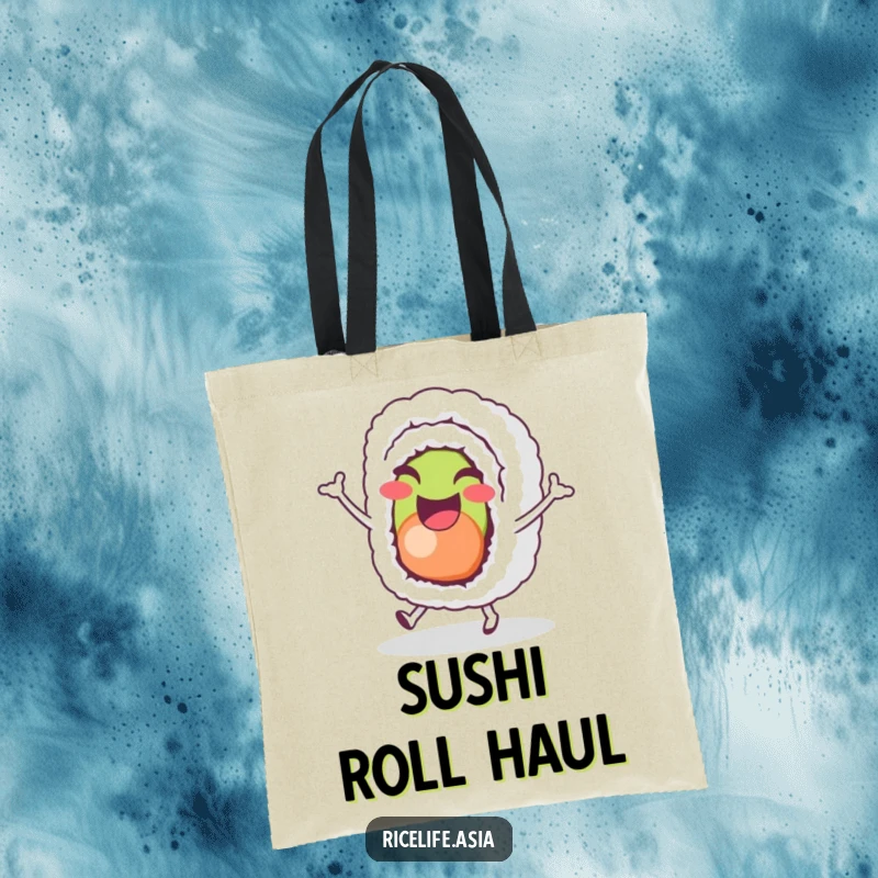 Funny Sushi Hop Tote Bag: A cheerful sushi roll character joyfully does a tiny hop, ideal for carrying essentials with flair.