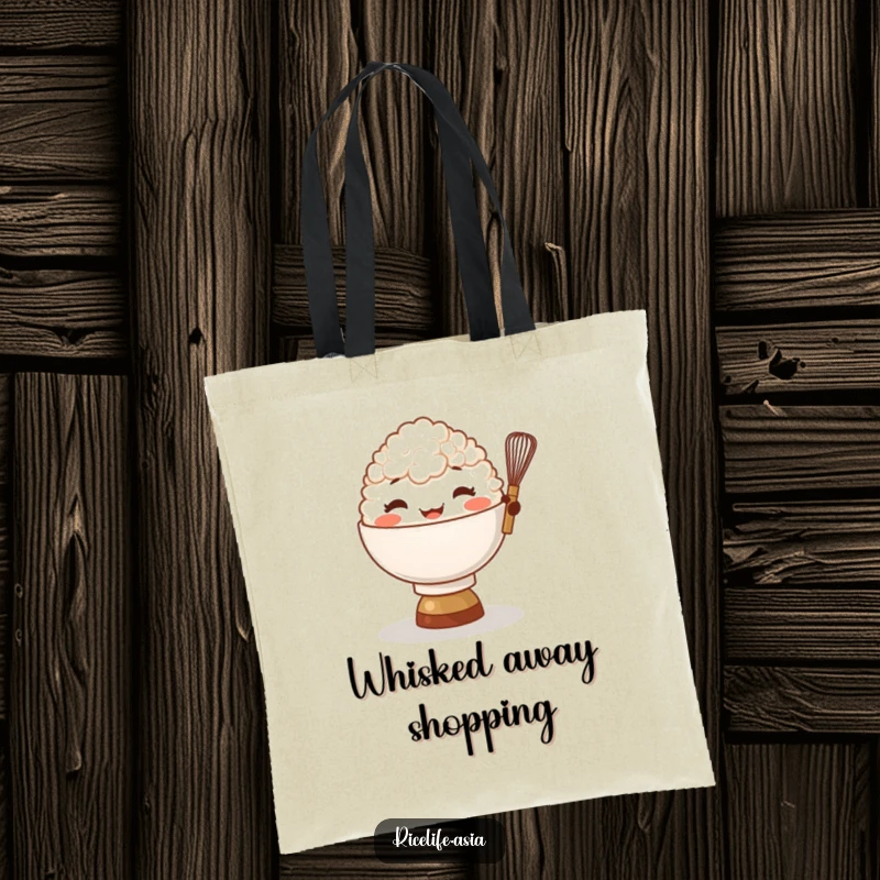 Funny Rice Bowl Whisk Tote Bag: A giggling bowl of rice character balances a tiny whisk, ideal for carrying kitchen essentials with humor.